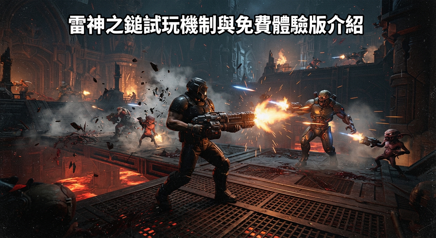 這張圖片展示了一場在黑暗工業風基地的第一人稱視角射擊對戰，畫面中主角手持重型武器正與多個異星怪物激烈交戰。 上方清晰標示著繁體中文的主題標題，完美呈現了試玩機制與免費體驗版的緊張刺激氛圍。