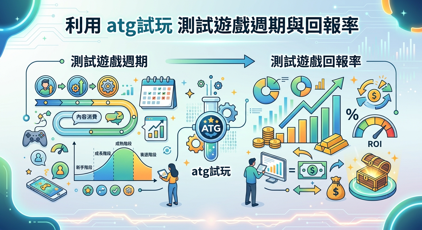 這張圖採用現代科技風圖解設計，展示如何透過「atg試玩」來進行遊戲數據與機率測試。 畫面結合了遊戲生命週期曲線、回報率（ROI）數據圖表與金色寶箱，清晰呈現測試流程與效益分析。
