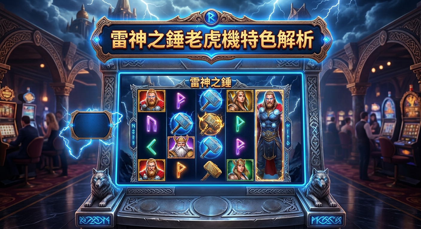 圖片展示了一台位於宏偉賭場內的北歐神話主題老虎機,背景伴隨著耀眼的閃電特效。 螢幕上方寫有「雷神之錘老虎機特色解析」的標題,轉輪上則有索爾、雷神之錘與發光的符號。