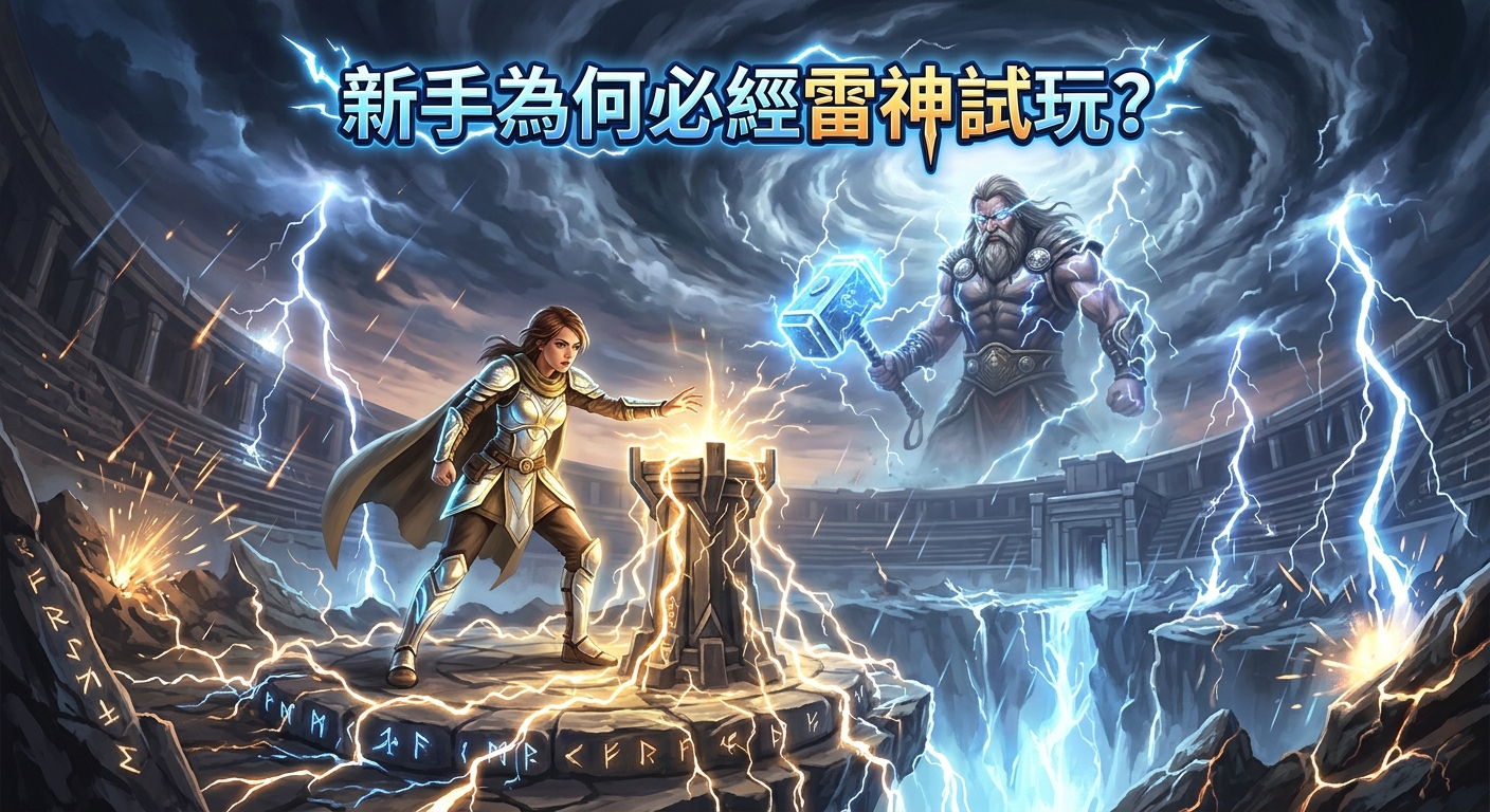 畫面中一位新手戰士站在古老競技場中央,勇敢地迎接充滿強大雷電能量的符文石陣。 背景裡巨大的雷神揮舞著發光的巨鎚,伴隨著漫天雷霆與風暴,展現出史詩般的試煉場景。
