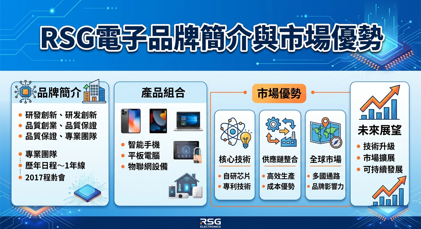 這張圖片以科技藍為主調，展現「RSG電子」的品牌介紹與市場優勢圖表。 畫面劃分多個資訊區塊，結合晶片、電子產品圖示與數據圖表，呈現專業且具前瞻性的企業形象。