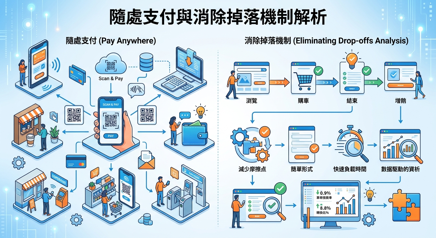 這張圖解以兩大部分展示數位支付與優化流程：左側呈現多樣化的隨處支付場景（如手機掃碼、感應支付與實體門市）。 右側則以流程圖與數據圖表說明如何減少摩擦點、提升載入速度，從而消除使用者流失率並提高轉化率。