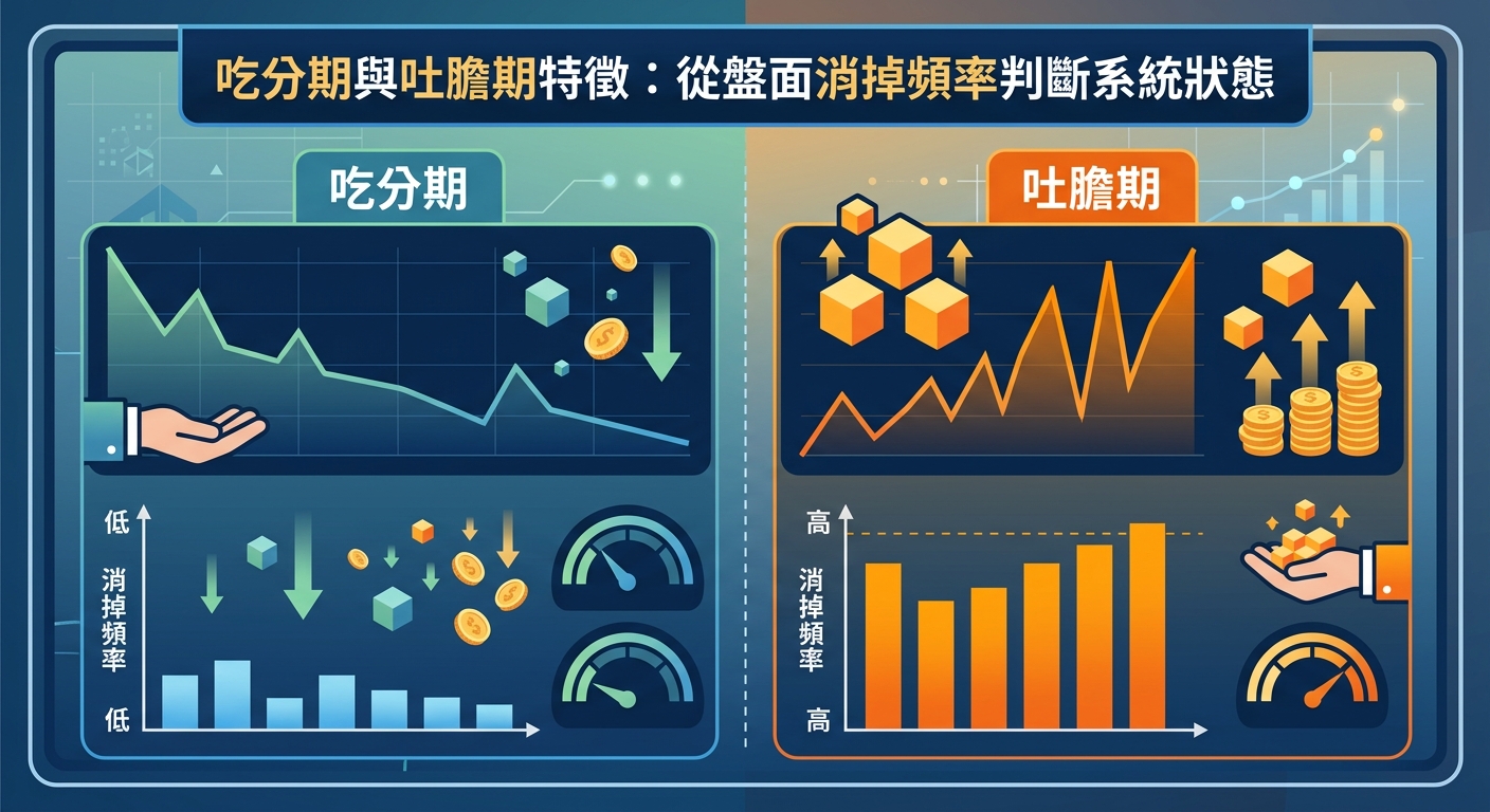 這張圖片採分屏設計，左側以藍綠色調呈現「吃分期」時低消掉頻率與下降趨勢的數據盤面。 右側則以亮橙色調展示「吐膽期」時高頻率消除與上升趨勢的圖表，頂部標有完整標題。