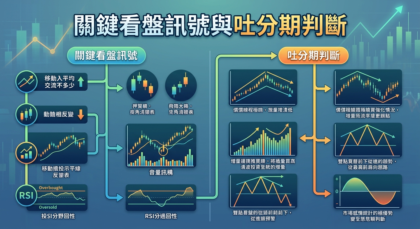 這張圖表詳細展示了「關鍵看盤訊號」與「吐分期判斷」的技術分析指標，包含動量變化、RSI分流及音量結構等數據圖解。 整體採用藍綠色調與清晰的流程箭頭，引導觀者逐步辨識市場趨勢與極限轉折點。