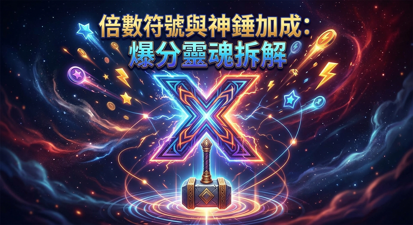 圖像中央為一柄散發金色光芒的雷神之錘與巨大炫彩的「X」倍數符號,象徵著強大的能量融合。 背景輔以深邃絢麗的星空宇宙與璀璨的能量粒子,上方頂部則清晰標註著繁體中文標題「倍數符號與神錘加成:爆分靈魂拆解」。