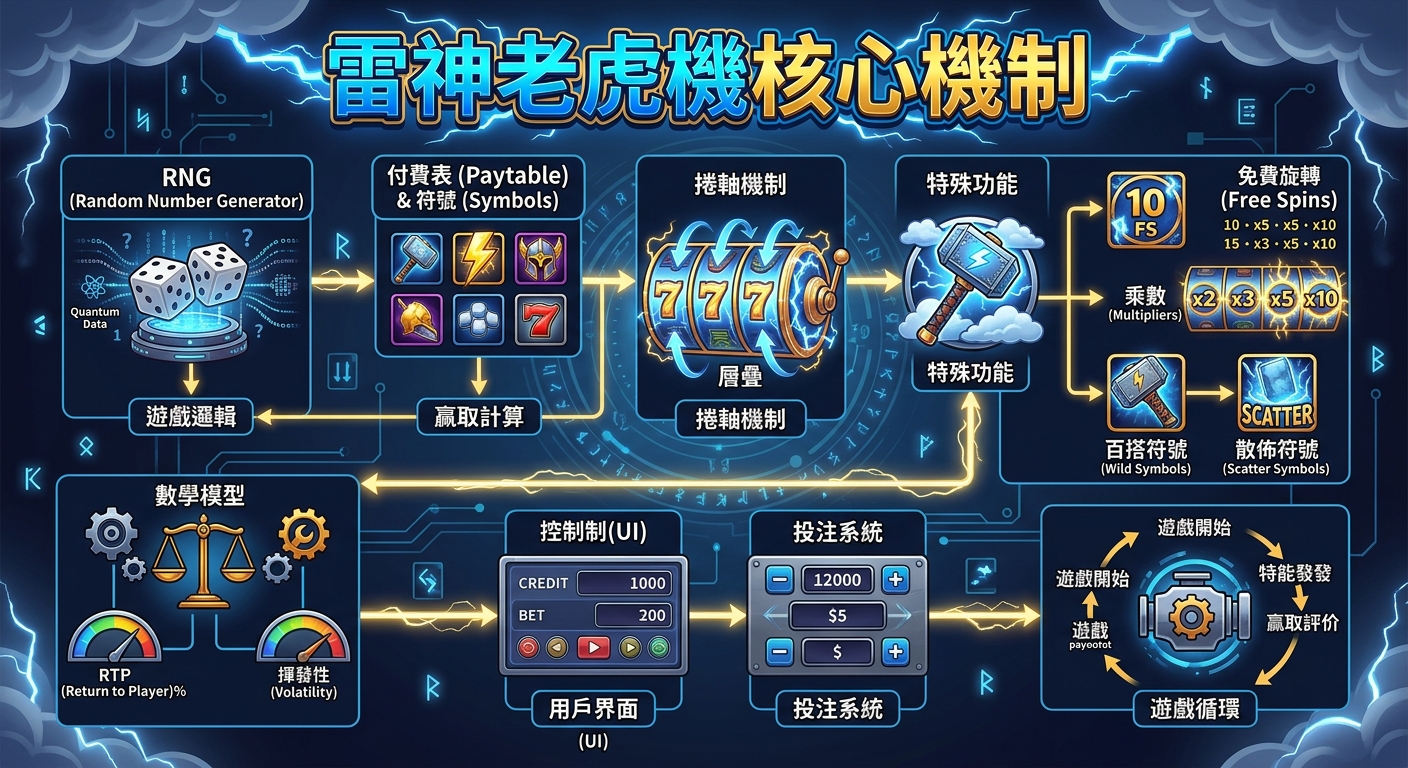 這張圖片展示了一幅以「雷神老虎機核心機制」為主題的科技感遊戲機制解析圖，畫面中央上方標有醒目的中文字體標題。 整體採用藍灰色調與閃電特效，結合各式圖示、符號與流程圖，清晰呈現出隨機數生成器（RNG）、符號賠率、加乘機制與遊戲循環等核心運作邏輯。