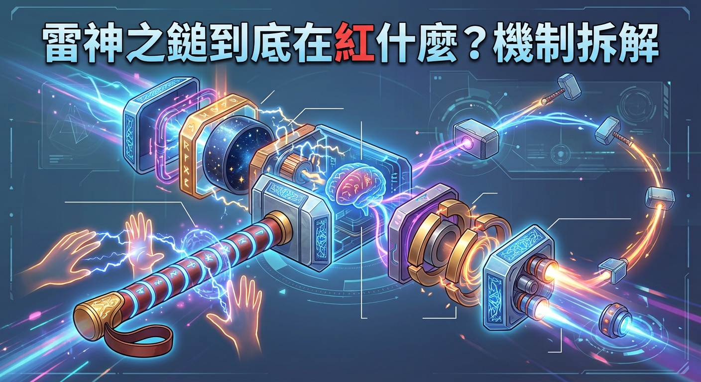這是一幅充滿科幻感的高科技雷神之鎚內部結構拆解圖，散發著耀眼的藍色與橘色能量光芒。 畫面正上方清楚標示著唯一的文字：「雷神之鎚到底在紅什麼？機制拆解」，直接點出探討核心。