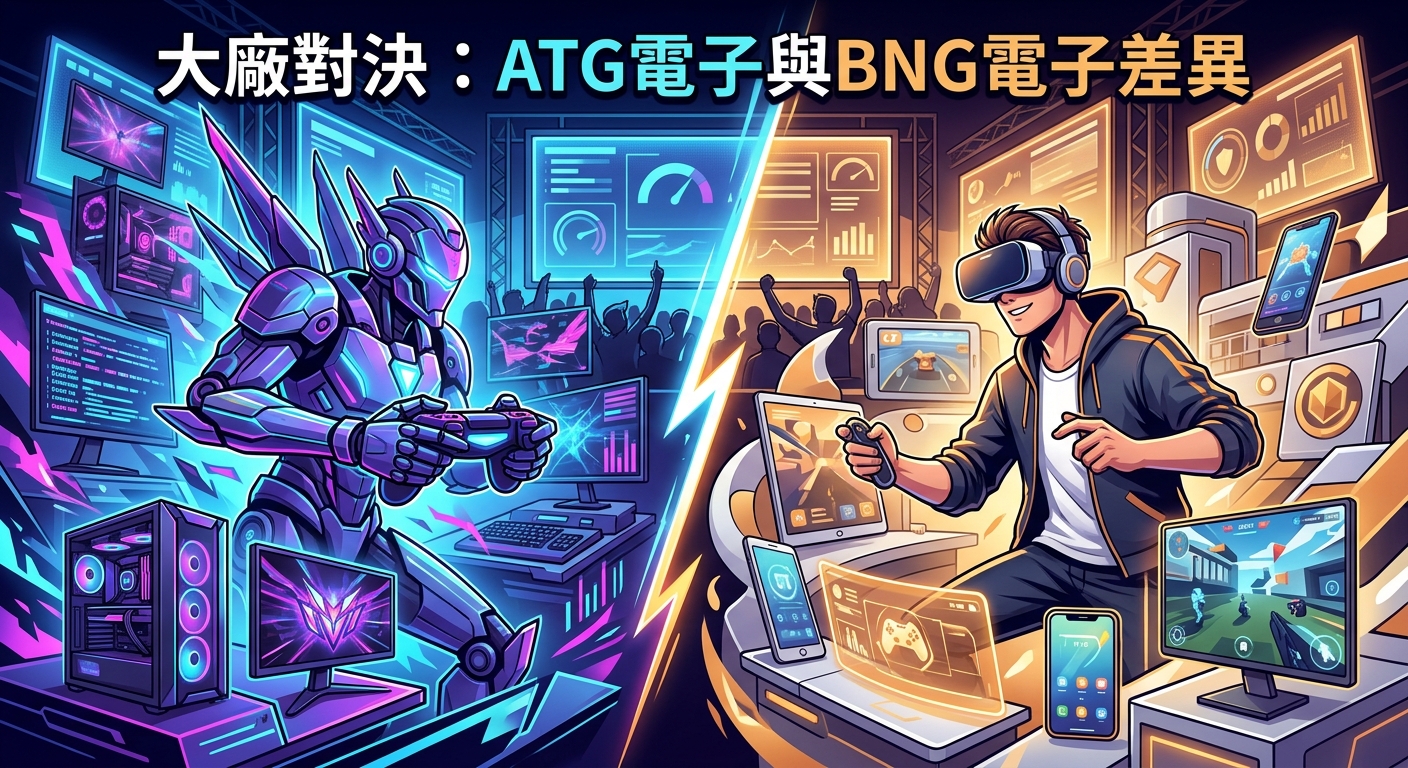 這張圖片呈現了充滿科技感的雙邊對決場景，正上方帶有唯一的文字標題「大廠對決：ATG電子與BNG電子差異」。 畫面透過左側冷峻的霓虹機甲風格與右側溫暖的休閒電競風格，形成強烈的視覺對比來象徵兩大品牌的特色。