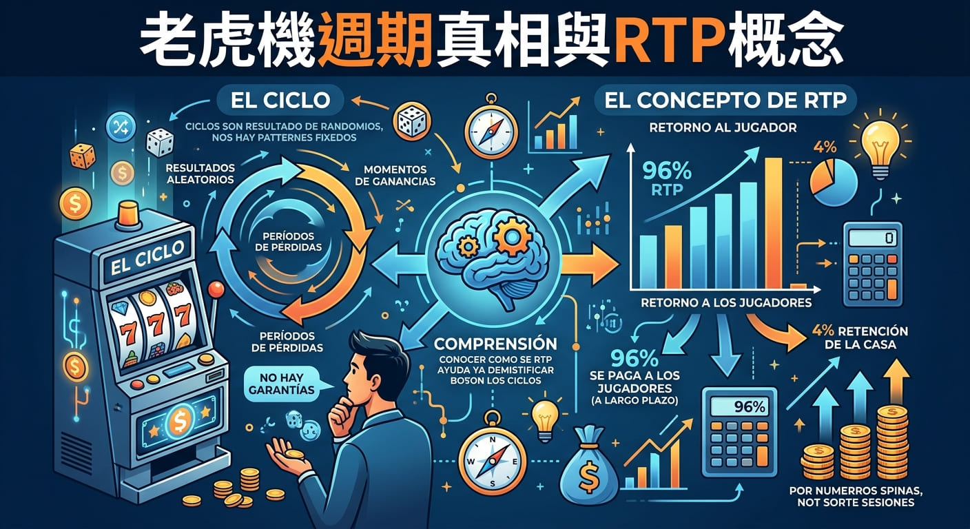 這張圖解以簡潔現代的風格，呈現了老虎機「週期（Ciclo）」與「玩家回報率（RTP）」的核心概念。 畫面上方印有標題「老虎機週期真相與RTP概念」，結合了老虎機圖案、數據圖表與解析符號，全方位揭示賭博機率與回報率的運作原理。
