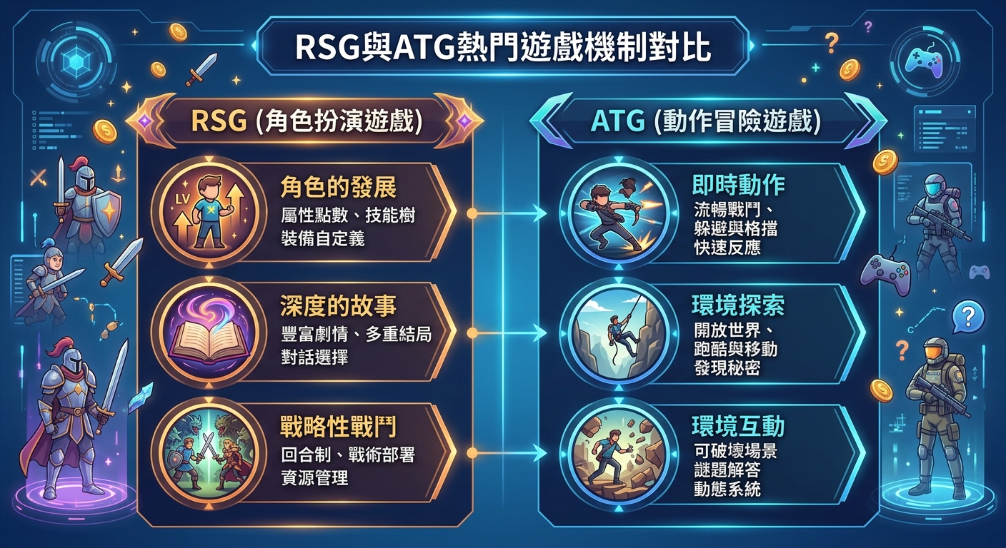 這張圖片展示了 RSG 與 ATG 熱門遊戲機制對比 的圖表，透過左右分欄呈現角色扮演與動作冒險遊戲的核心特色。 畫面上帶有豐富的遊戲元素插圖與科技感 UI 介面，清晰對比了兩者的戰鬥系統、角色養成與環境互動機制。