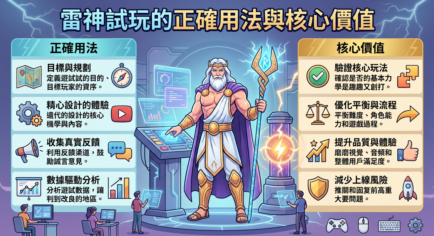 這張圖片呈現了一個以「雷神試玩的正確用法與核心價值」為主題的資訊圖表,中央繪有以雷神為形象的角色與科技感介面。 左右兩側以條列與圖示劃分為「正確用法」與「核心價值」兩大模組,詳細說明遊戲測試的具體流程與其帶來的關鍵好處。