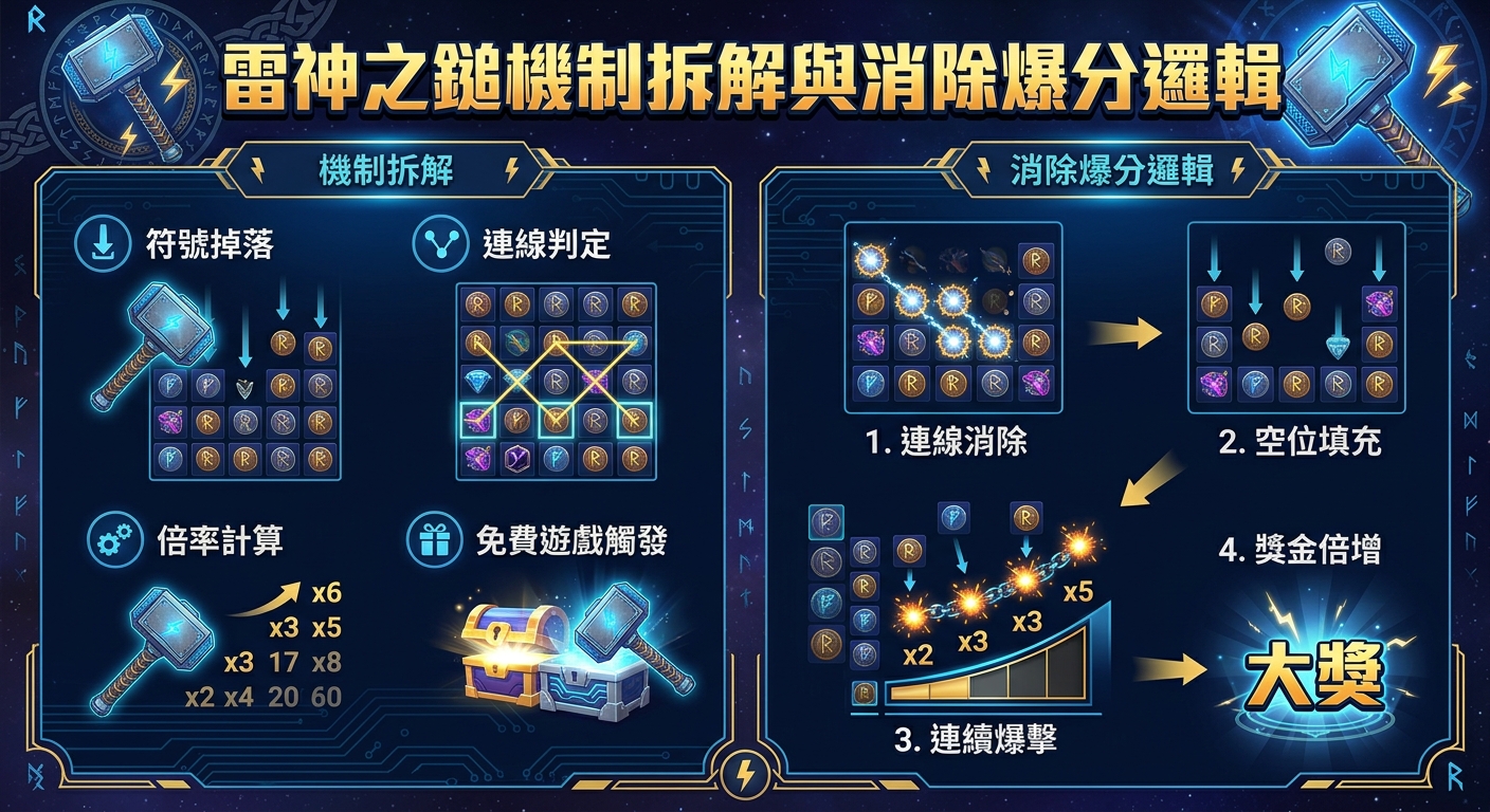 這張圖表以藍色調展現「雷神之鎚機制拆解與消除爆分邏輯」,左側說明符號掉落、連線判定與倍率等基礎機制。 右側則以流程圖呈現連線消除、空位填充到連續爆擊與獎金倍增的爆分過程,整體設計充滿科技與玄幻感。
