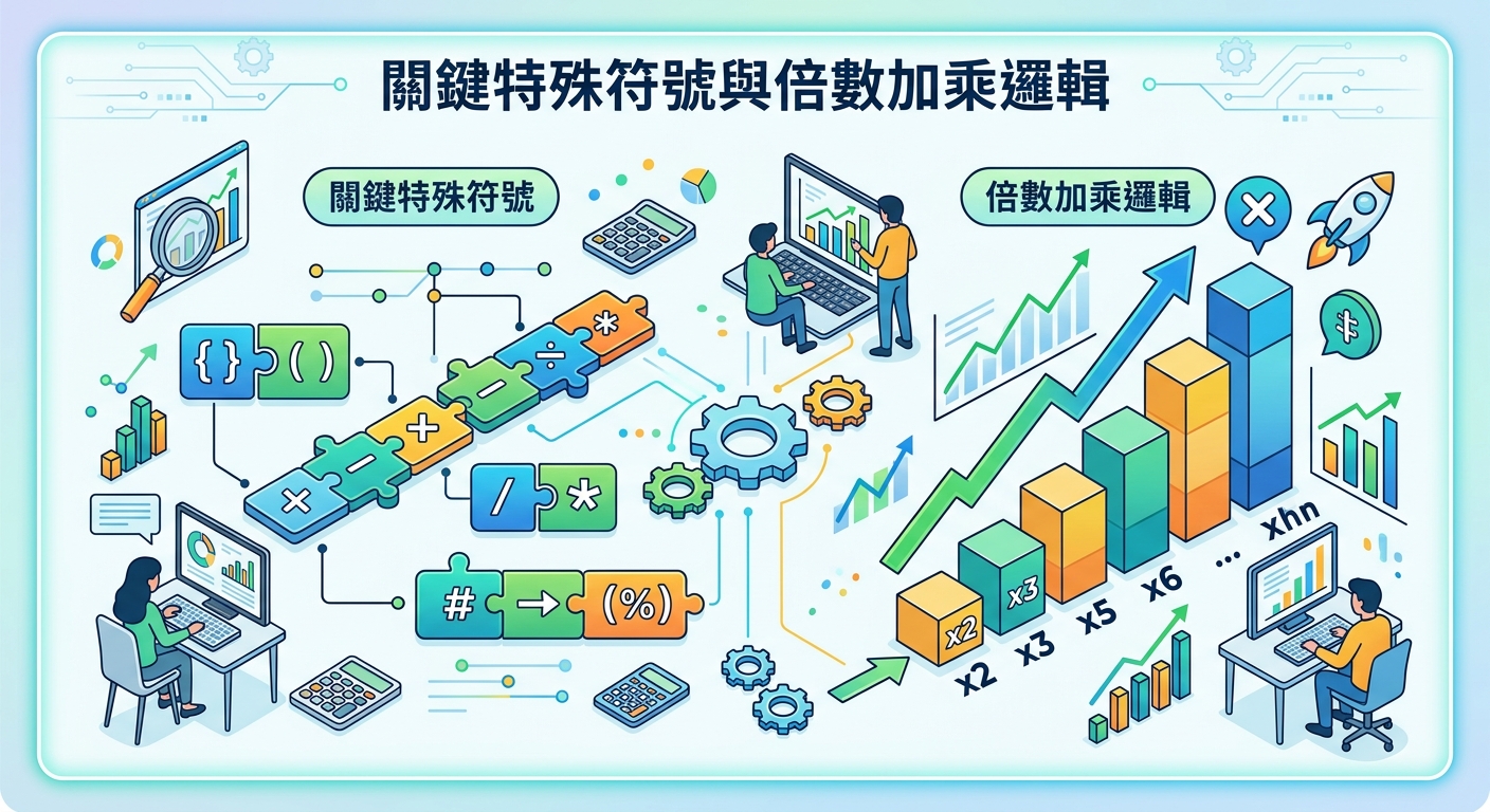 這張插圖採用現代扁平科技風格,展示了包含運算符號、拼圖與遞增柱狀圖的數據分析畫面。 畫面上方標有「關鍵特殊符號與倍數加乘邏輯」標題,呈現出邏輯推理與倍數增長的視覺概念。
