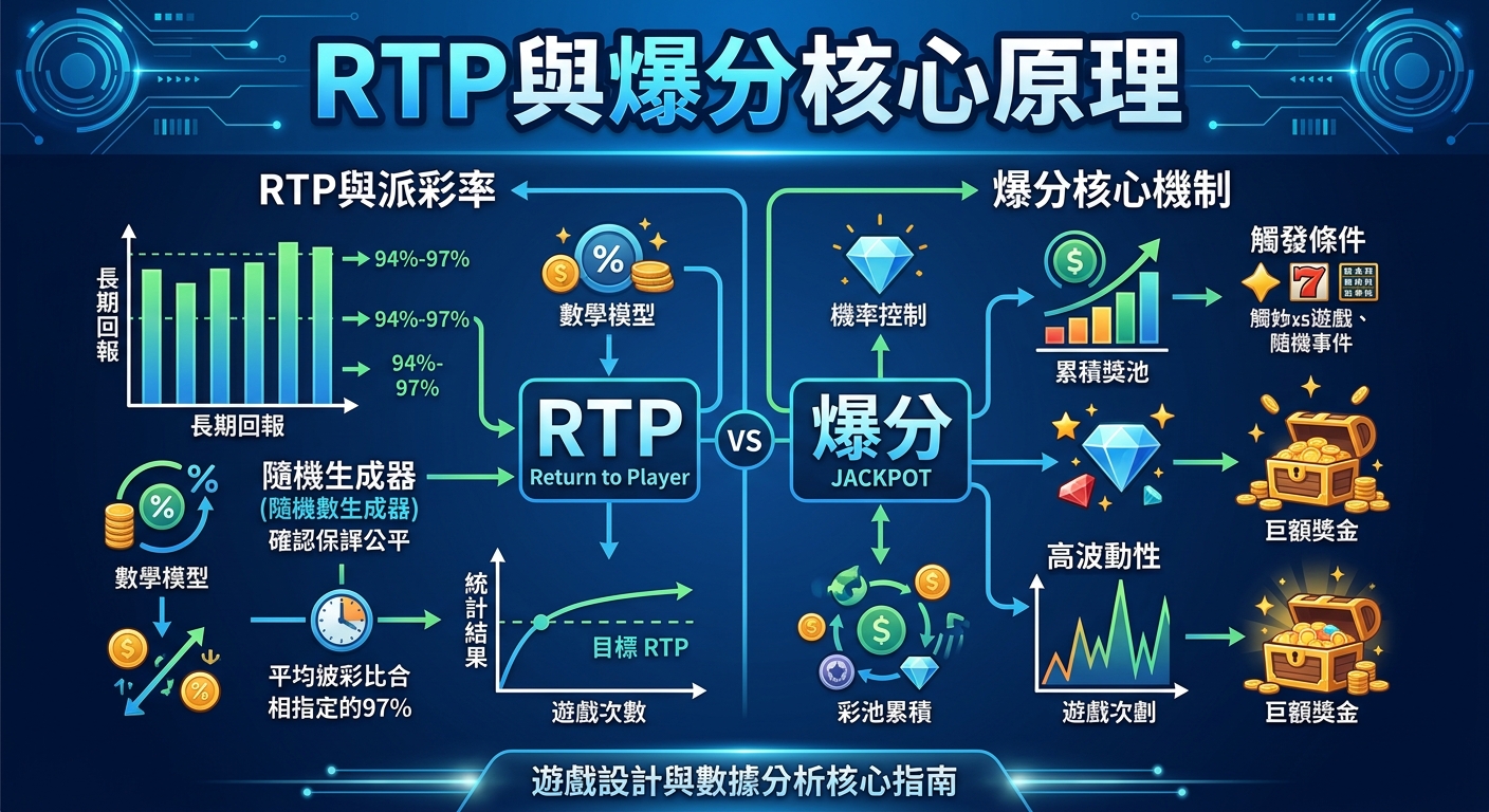 這張圖呈現了「RTP與爆分核心原理」的科技風格解說圖表,左側解析長期回報率(RTP)與隨機數生成器(RNG)的數學模型。 右側則以波動性、累積獎池與觸發條件說明爆分機制,整體運用數據圖表與金幣寶箱圖示進行直觀的對比呈現。
