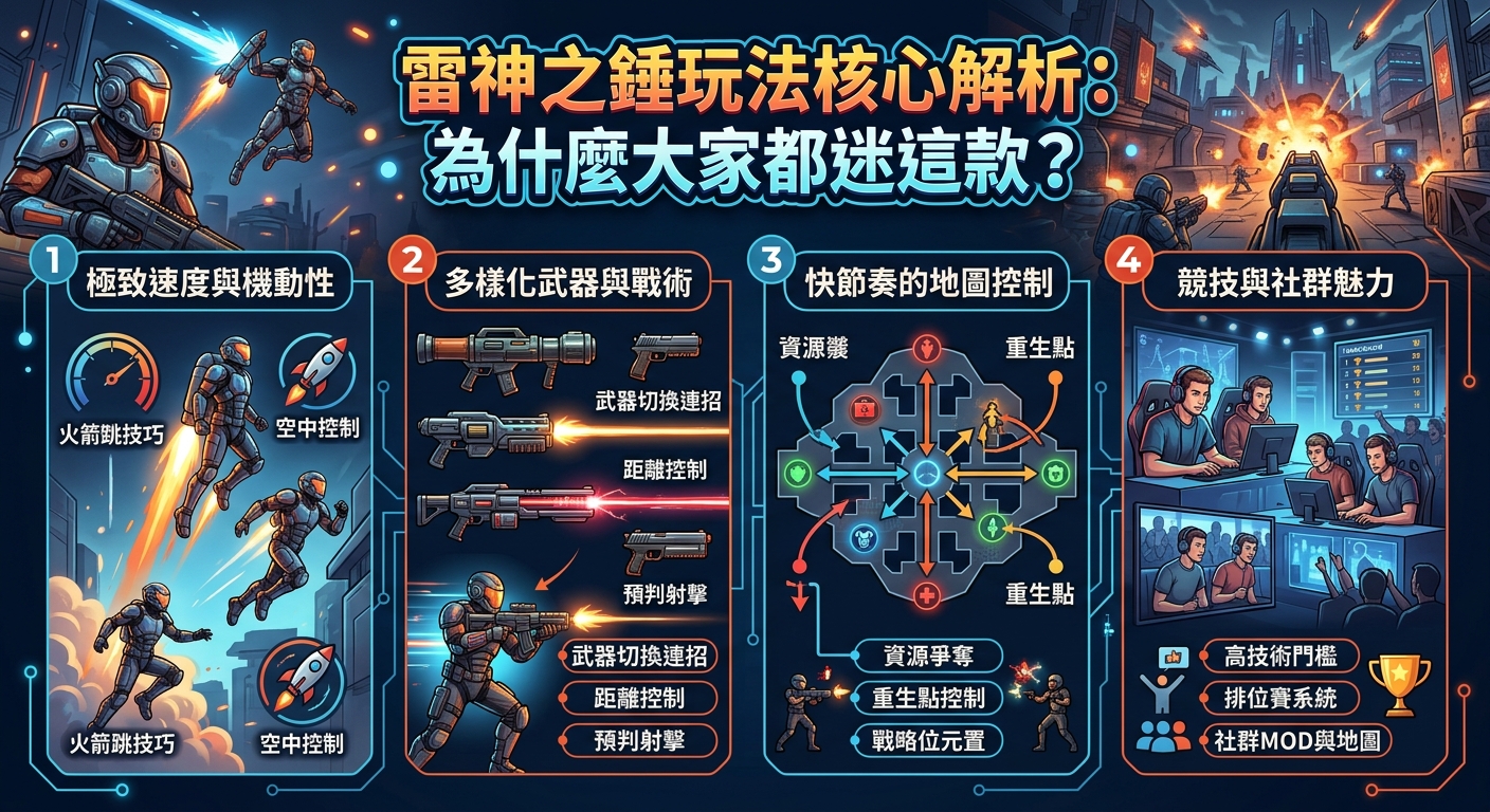 這張圖表採用科技感十足的藍黑風格，詳細解析了經典射擊遊戲《雷神之錘》的核心玩法機制。 畫面分為四大區塊，透過清晰的插圖與文字，生動展示了極速移動、多樣武器連招、地圖資源掌控及競技社群等特色。