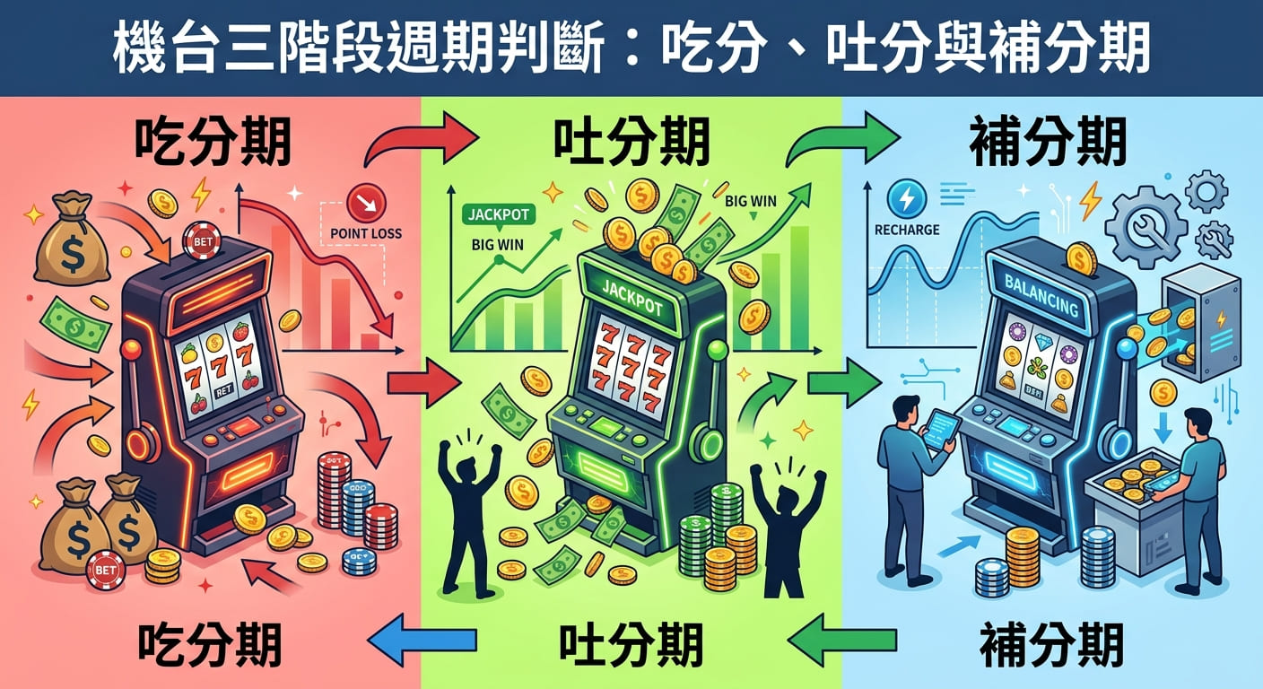 這張圖片是一個包含三個階段（吃分期、吐分期、補分期）的機台週期示意圖，用來展示遊戲機台的循環過程。 畫面包含吃分期（紅色）、吐分期（綠色）與補分期（藍色）三個區塊，並展示了對應的機台與金幣動態。