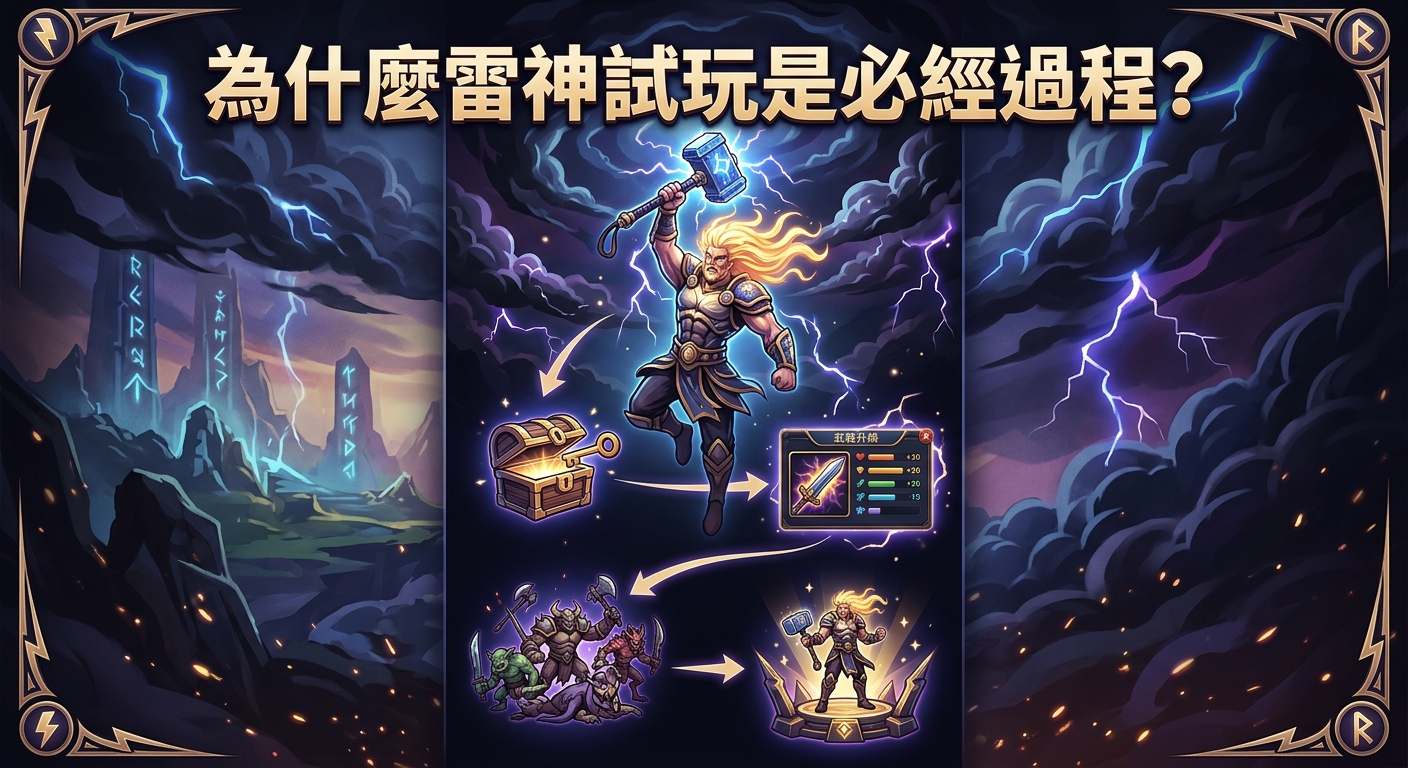 這張圖片展示了一位掌控雷霆之力勇士的試玩流程圖，突出了從獲得寶箱裝備到挑戰怪物的體驗。 最上方以醒目的金色字體標註了主題：「為什麼雷神試玩是必經過程？」。