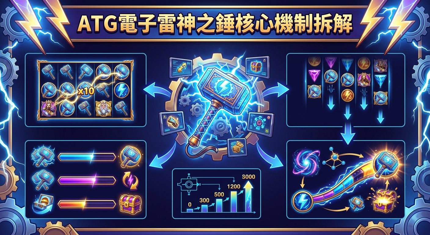 一張專為「ATG電子雷神之錘核心機制拆解」設計的資訊圖表，畫面中央呈現發光的雷神之錘與齒輪。 圖表中包含了遊戲盤面、符號掉落機制、乘數加成與數據圖表等元素，並在頂部以金色繁體中文顯示該標題。