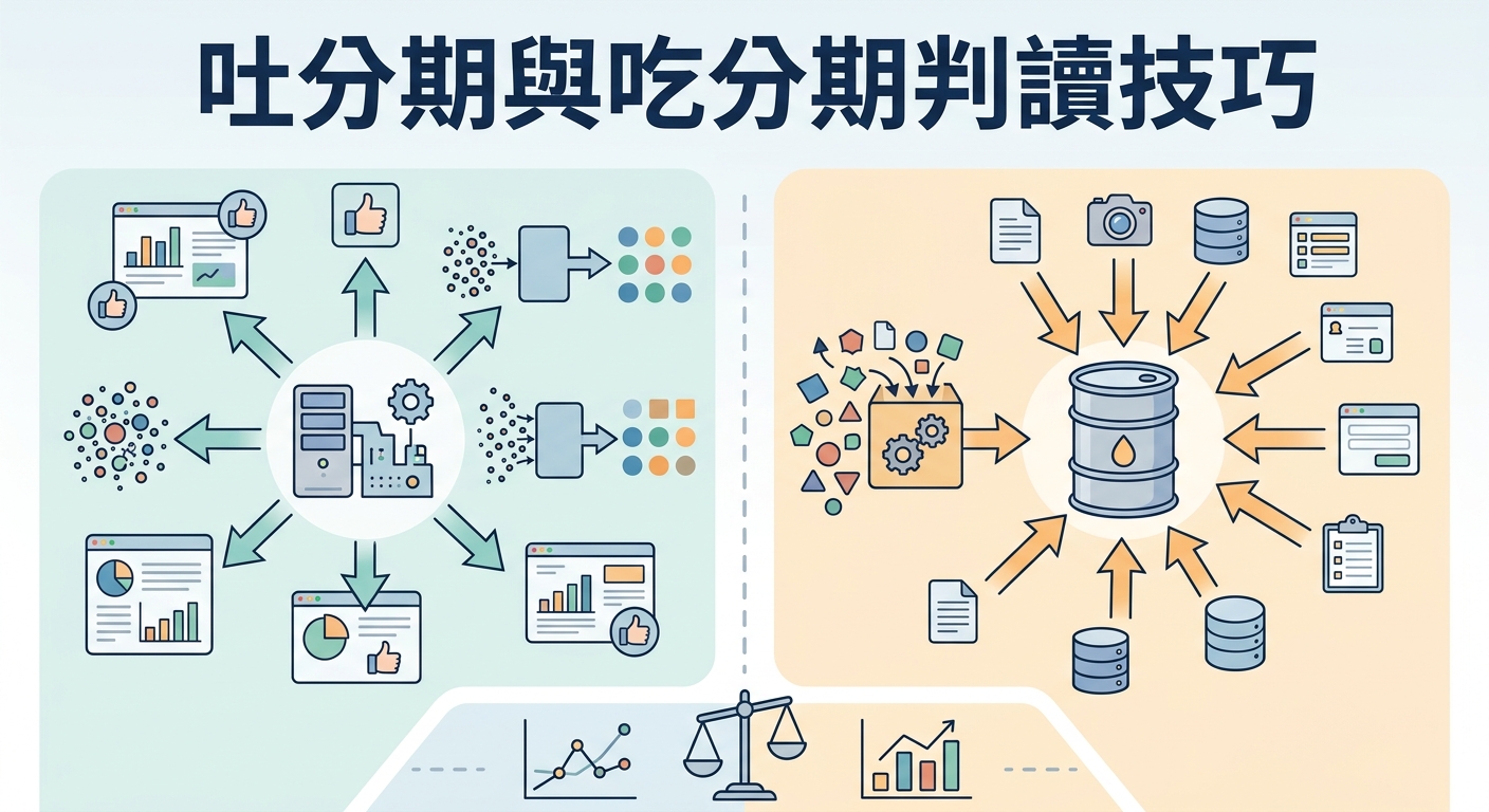 這張圖分為左右兩區，呈現數據系統的輸出與輸入概念，頂端帶有標題文字。 左側展示從核心系統向外發散數據的分析圖表，右側則呈現多方資料匯入 central 數據庫的流程。